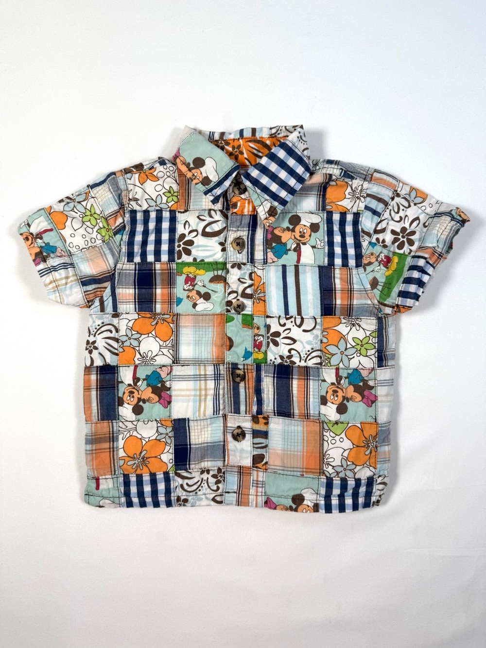 DISNEY STORE Toddlers 18M Button Up Mickey Mouse Patchwork Plaid Short Sleeve‎